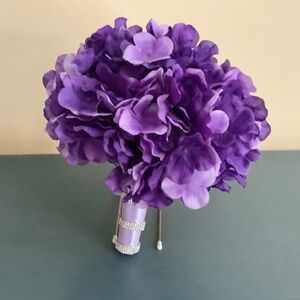 Purple silk hydrangea wedding bouquet